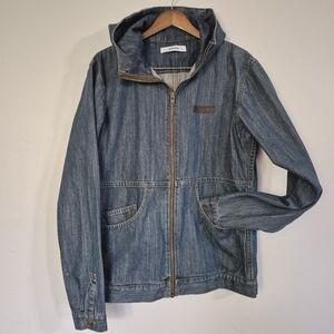 Makia Mens Barn Denim Hooded Chore Stadium Jacket Full Zip Large